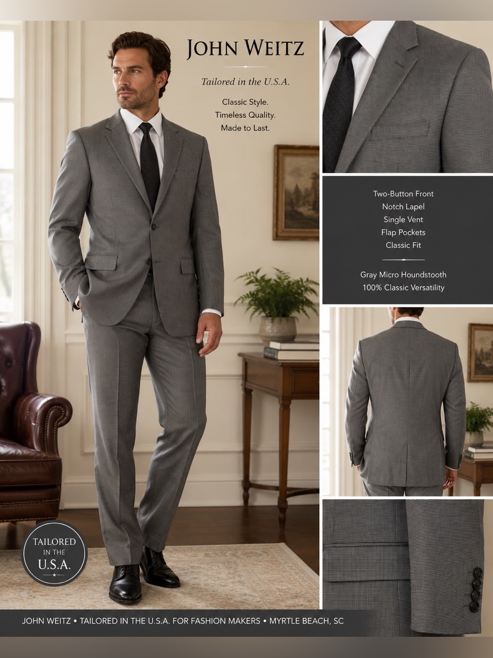Vintage John Weitz Gray Micro Houndstooth 2-Piece Suit Men’s 42R 34x28